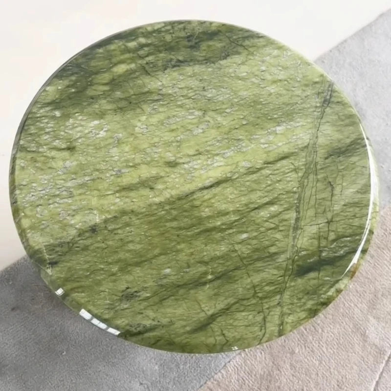 Marble-Look Round Coffee Table Solid-Wood Pedestal — Emerald Green | KIMLUD