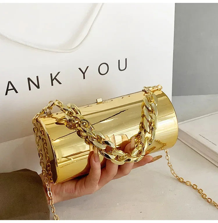 Metallic Cylinder Mini Box Clutch Purse — Gold | KIMLUD