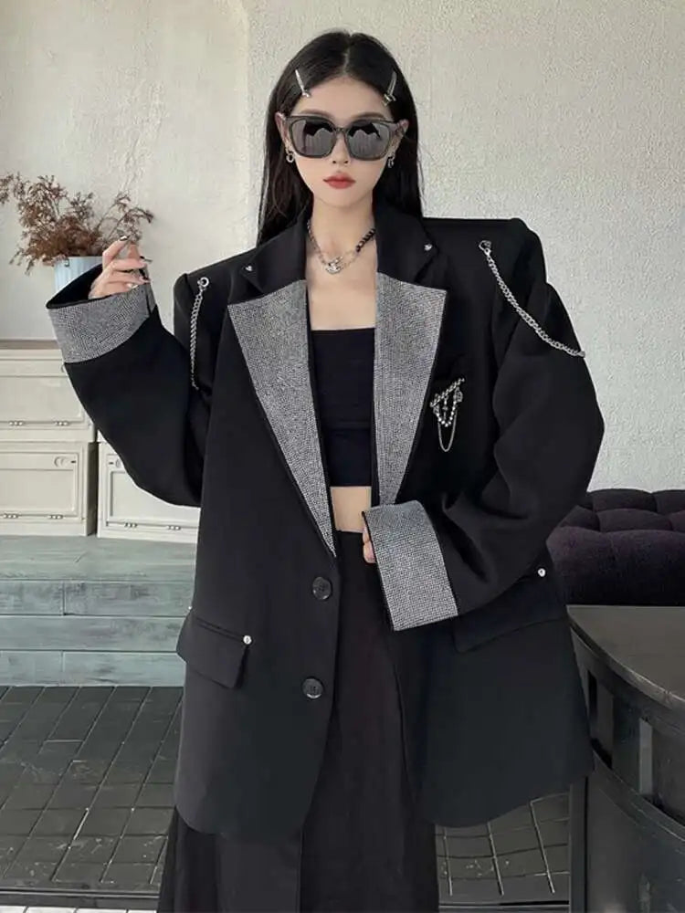 EAM Blazer rhinestone big size Metal Chain Women New Lapel Long Sleeve Loose Fit Jacket Fashion Tide Spring Autumn 2025 WQ20621