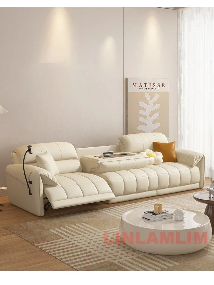 Italian Genuine Leather Electric Reclining Sofa With Adjustable Footrest USB And Foldable Center Console — Caramel Tan | KIMLUD