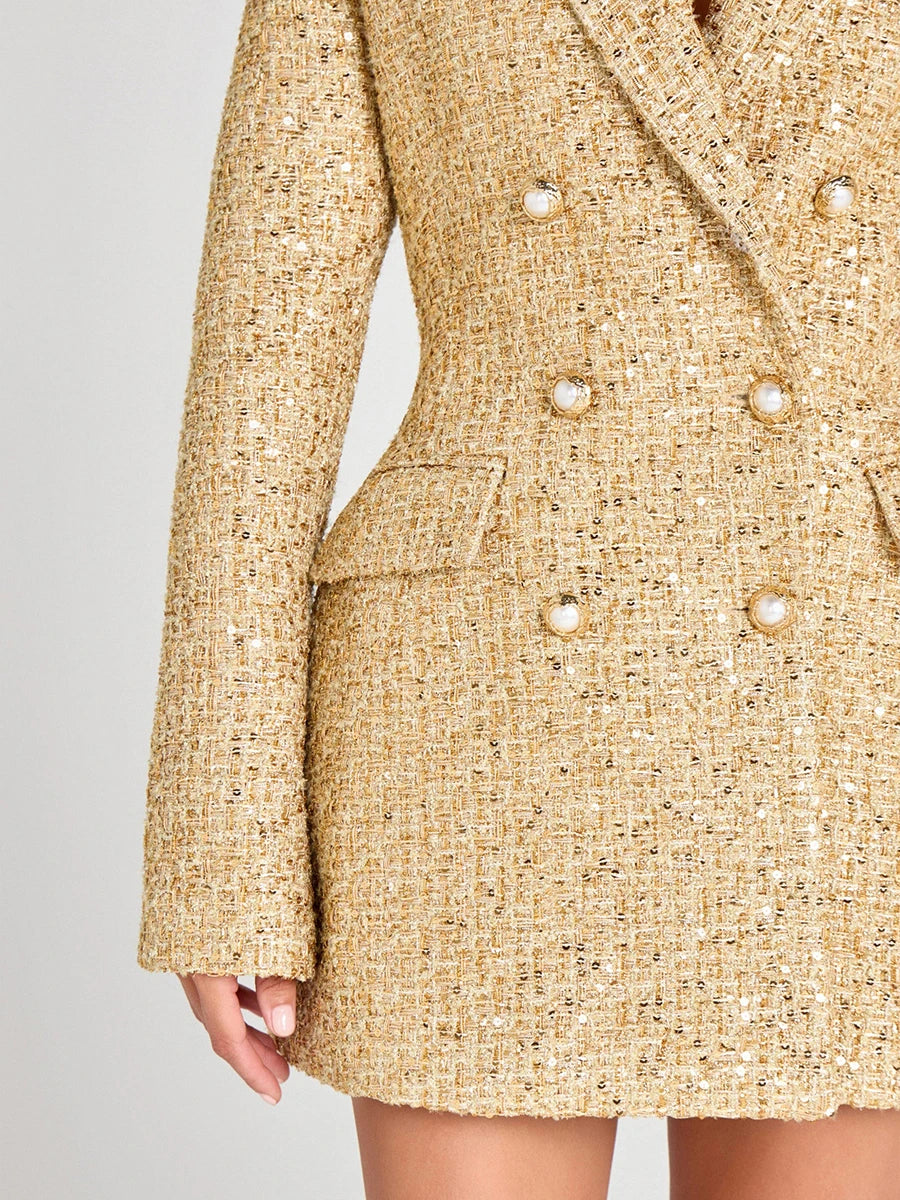 Sequin Patchwork Temperament Coat Double Breasted Lapel Long Sleeves — Champagne Gold | KIMLUD