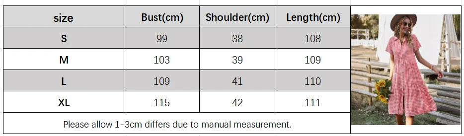 2026 Women's Checkered Short-Sleeve Shirtdress Single-breasted Button-down Short-sleeved Dress Casual Country-style Long Dress