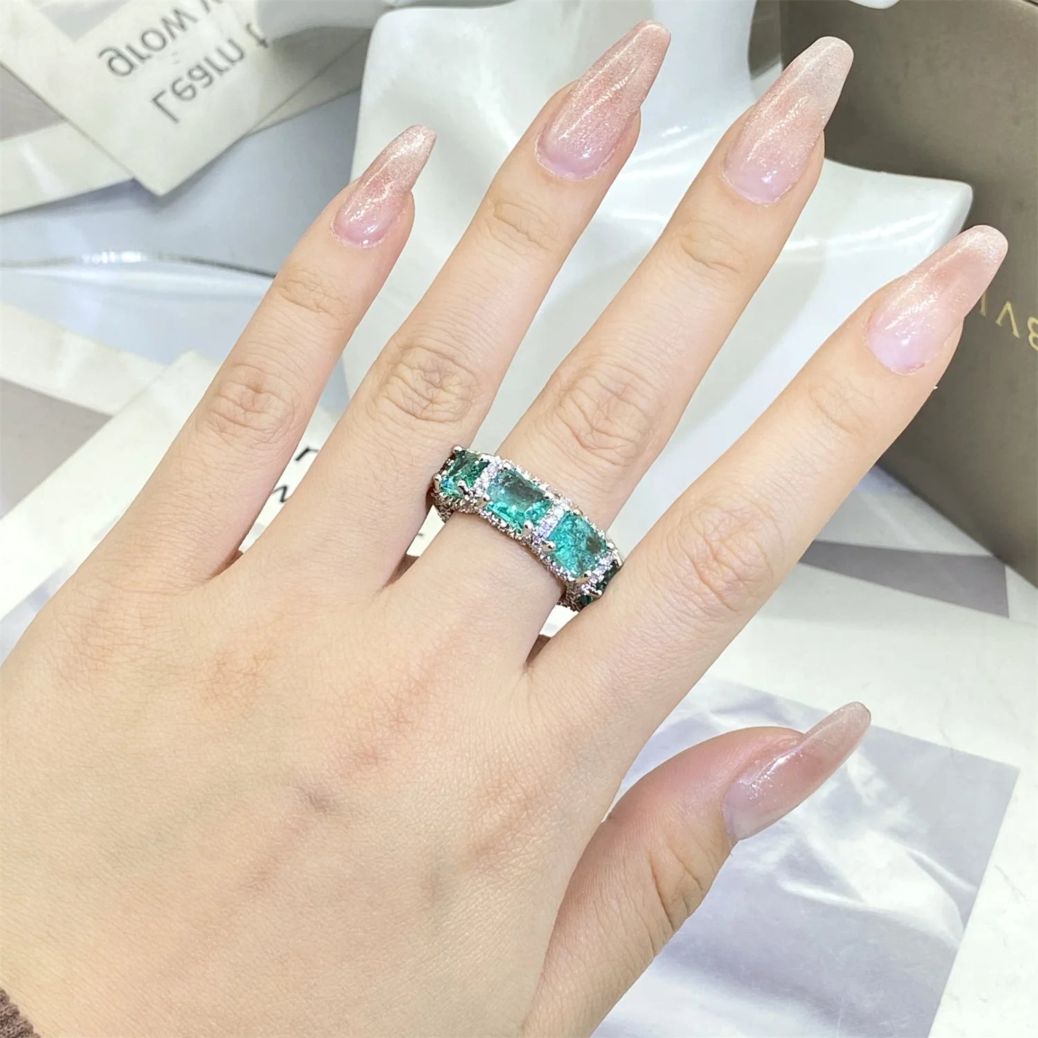 Sterling Silver Ring Paraiba Zircon Inlaid Aquamarine — Aquamarine | KIMLUD