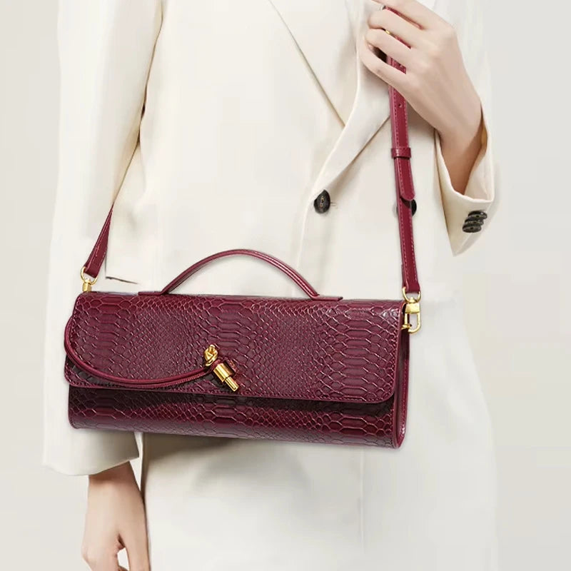 Crocodile-Pattern Top-Handle Bag Luxe Silhouette — Burgundy | KIMLUD