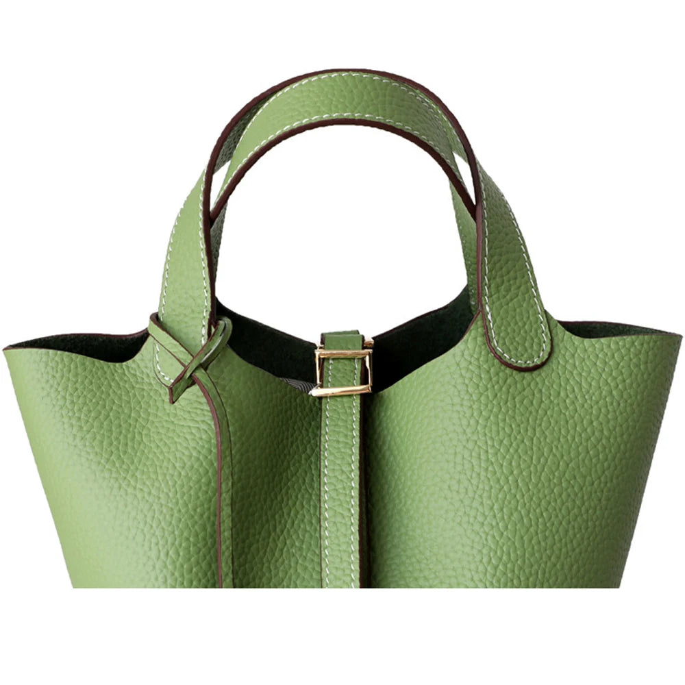 Head Layer Cowhide Leather Bucket Bag Large Capacity — Taupe | KIMLUD