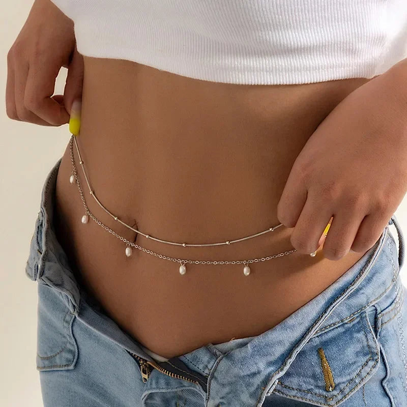 Pearl Chain Waist Chain Double Layer — Silver | KIMLUD