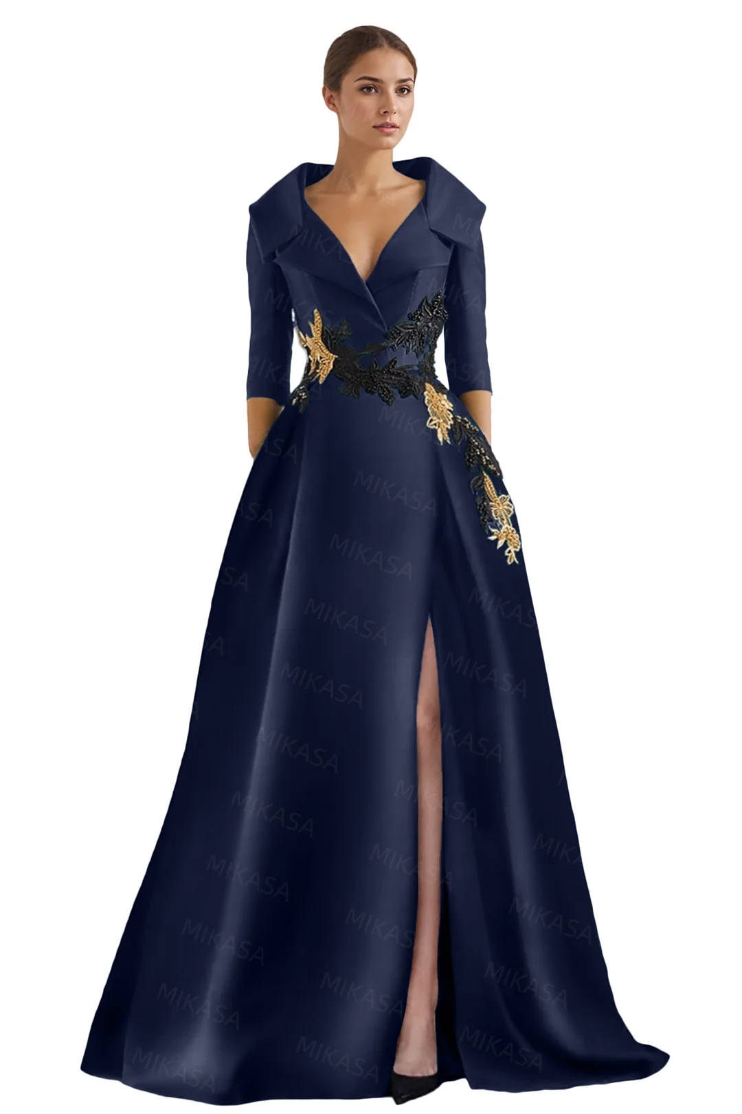 KIMLUD, Classic Satin Evening Dresses For Women Wedding Party Guest V-neck Three Quarter A-line Side Slit Elegant Prom vestidos de gala, KIMLUD Womens Clothes