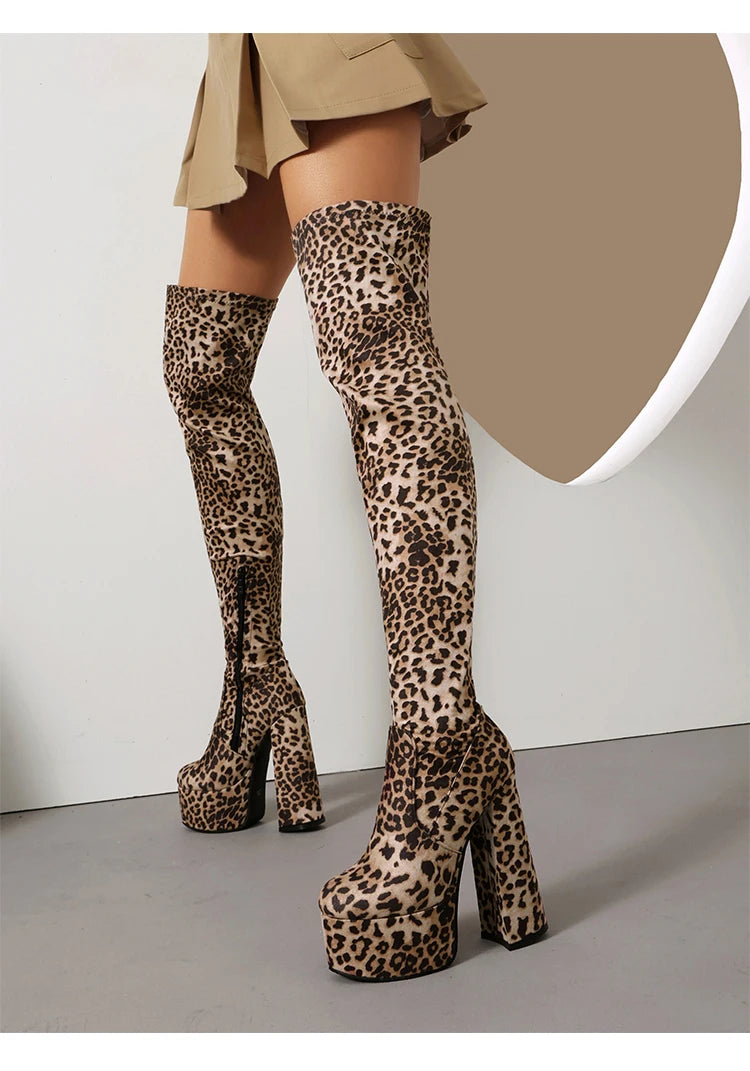 Over The Knee Boots – Leopard Print Velvet – Velvet – Leopard Print | KIMLUD