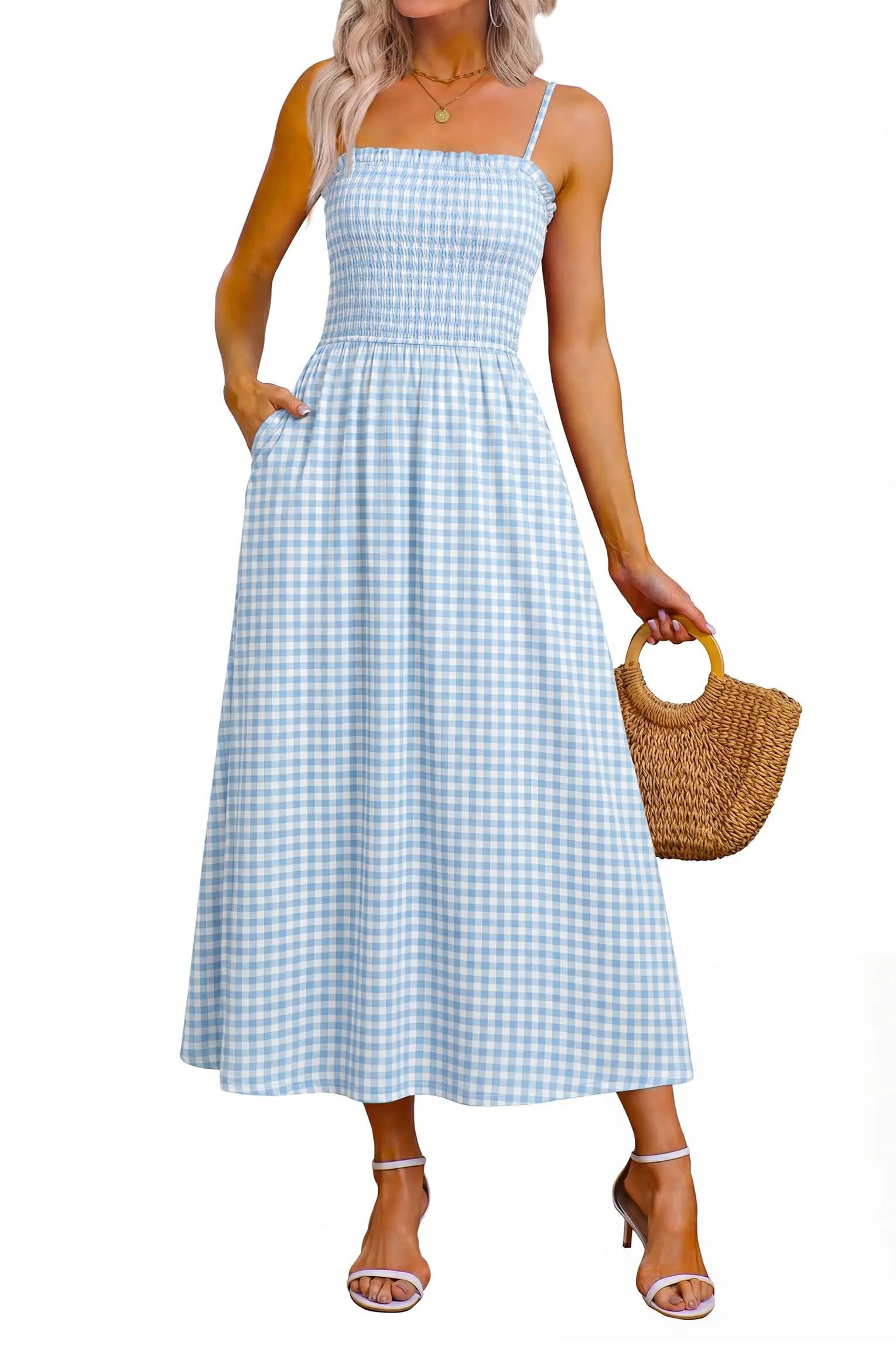 Spaghetti Strap Maxi Dress – Smocked Waist – Polyester Fiber | KIMLUD