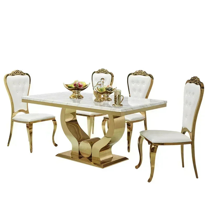 Marble Dining Table Set Rectangular 6 Chairs — Warm Gold | KIMLUD