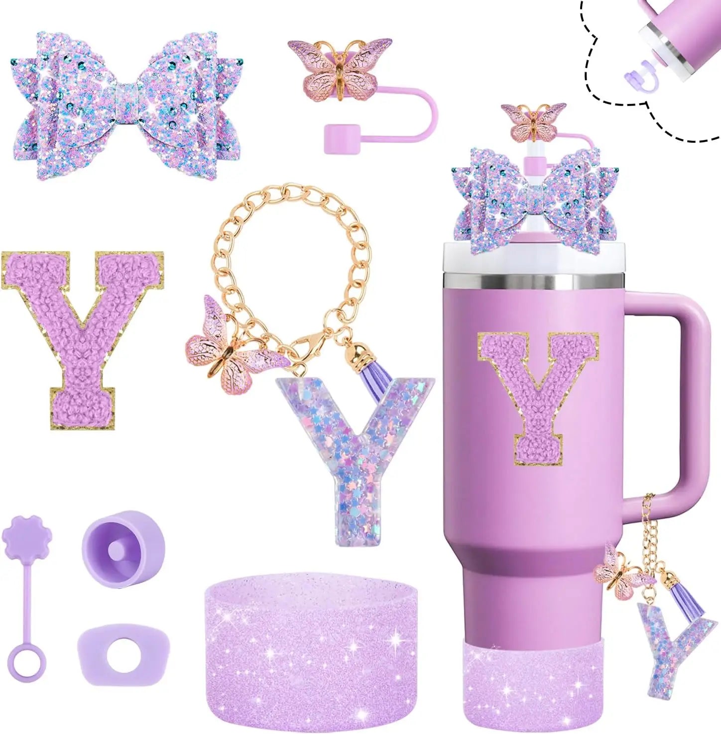 8pcs Cup Accessories Set for Stanley Cup 30oz 40oz tumbler Straw Topper Cover, Boot, Spill Proof Stoppers, Handle Charms Sticker