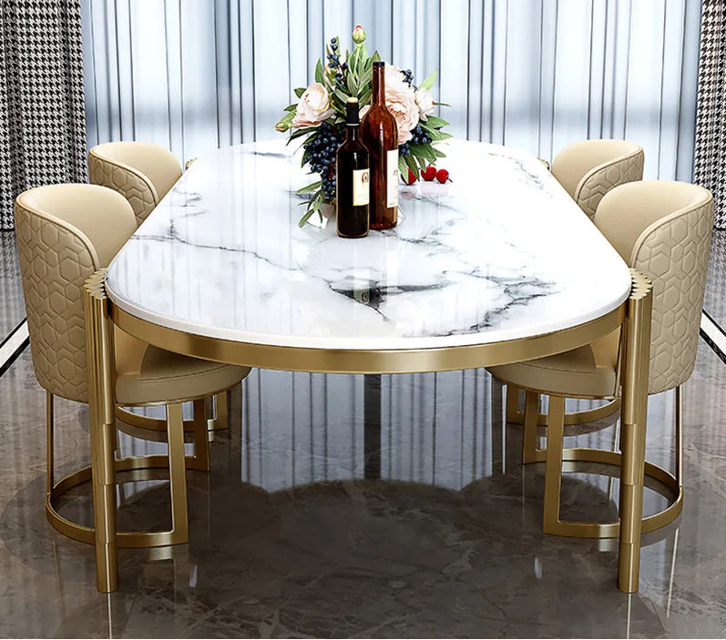 Stainless Steel Dining Set With Marble Table And Cream Upholstered Chairs — White | KIMLUD