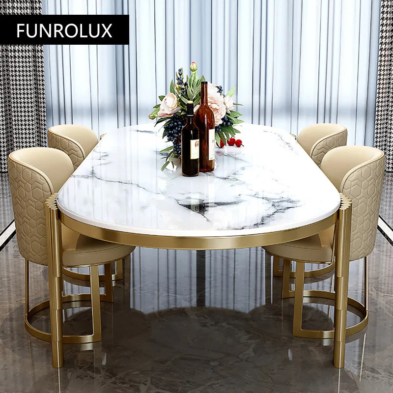 Stainless Steel Dining Set With Marble Table And Cream Upholstered Chairs — White | KIMLUD