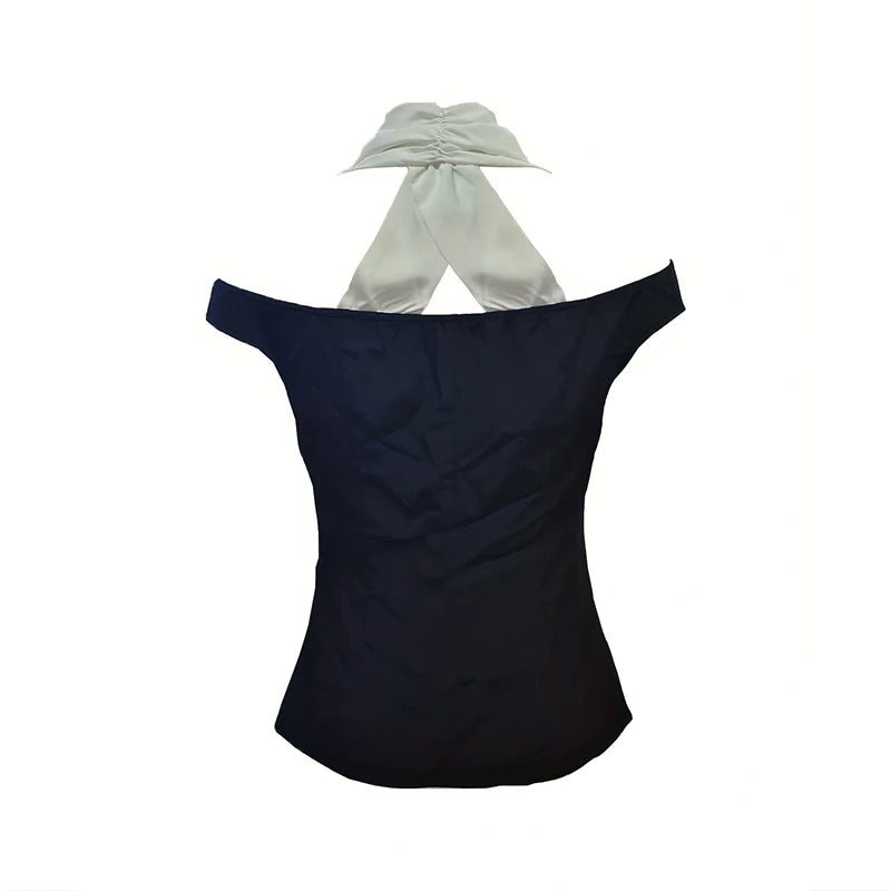 Off-Shoulder Halter-Neck Top Button Front Dramatic Contrast Panel — Black And White | KIMLUD