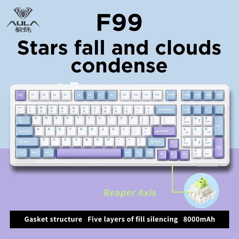 Aula F99 Pro Mechanical Keyboard Bluetooth 5.0/2.4g Wireless/Wired 100 Keys Pbt Keycaps Hot Swap Gasket Customized Game Keyboard