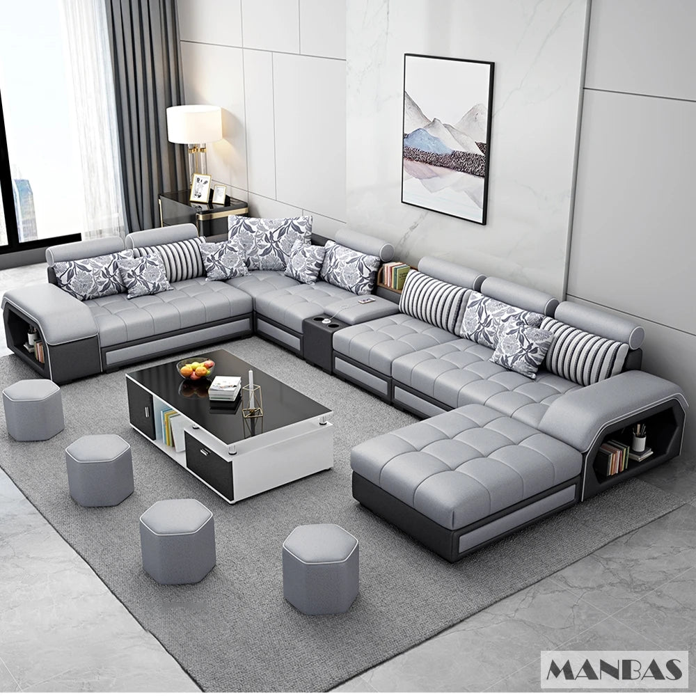 Fabric U-Shape Sofa Set With USB Ports And Stools — Grey | KIMLUD