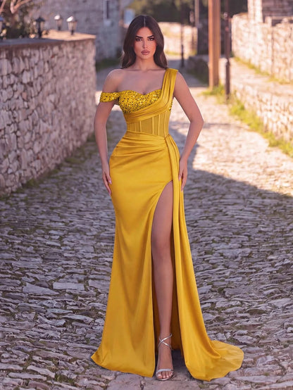 Mermaid Evening Dress – Off Shoulder – Polyester – Gold | KIMLUD