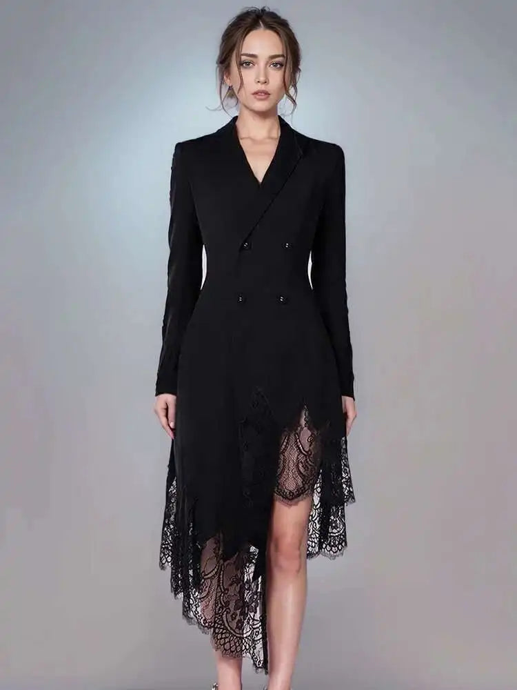 DEAT Fashion Women's Suit Dress Notched Doube Breasted Irregular Hem Lace Spliced Slim Suit Jackets Summer 2024 New Tide 7AB4231