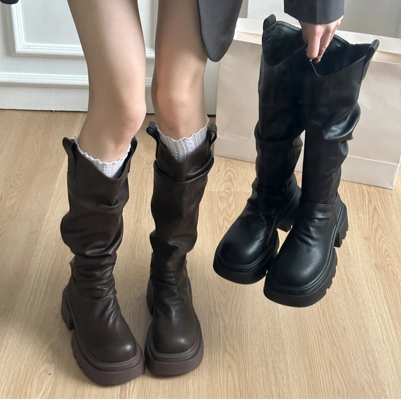 Autumn Winter Platform Thick Bottom Women Long Boots Fashion Slip On Shoes Vintage Ladies Knight Botas