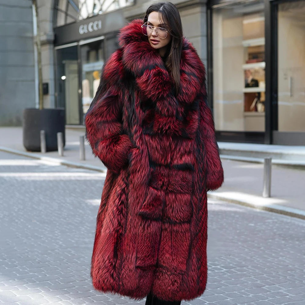 KIMLUD, 120cm Long Real Silver Fox Fur Coat with Big Turn-down Collar High Street Women Genuien Wholeskin Fox Fur Coats Outwear Woman, KIMLUD Womens Clothes