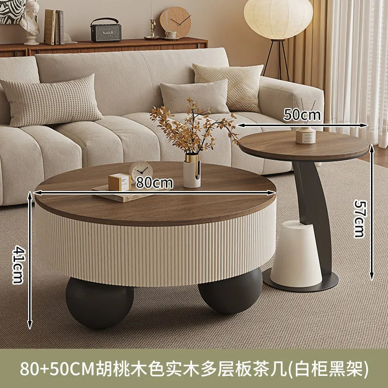 Minimalist Round Coffee Table With Storage Drawers — Ivory White | KIMLUD