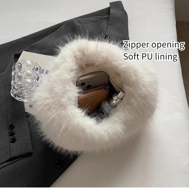 Soft Plush Women's Small Handbags Simple Faux Fur Female Fluffy Clutch Purse Winter Fashion Furry Tote Solid Color Shoulder Bags
