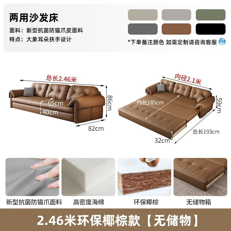 Faux Leather Sofa Bed Italian Modern Silhouette With Convertible Chaise Lounge — Brown | KIMLUD