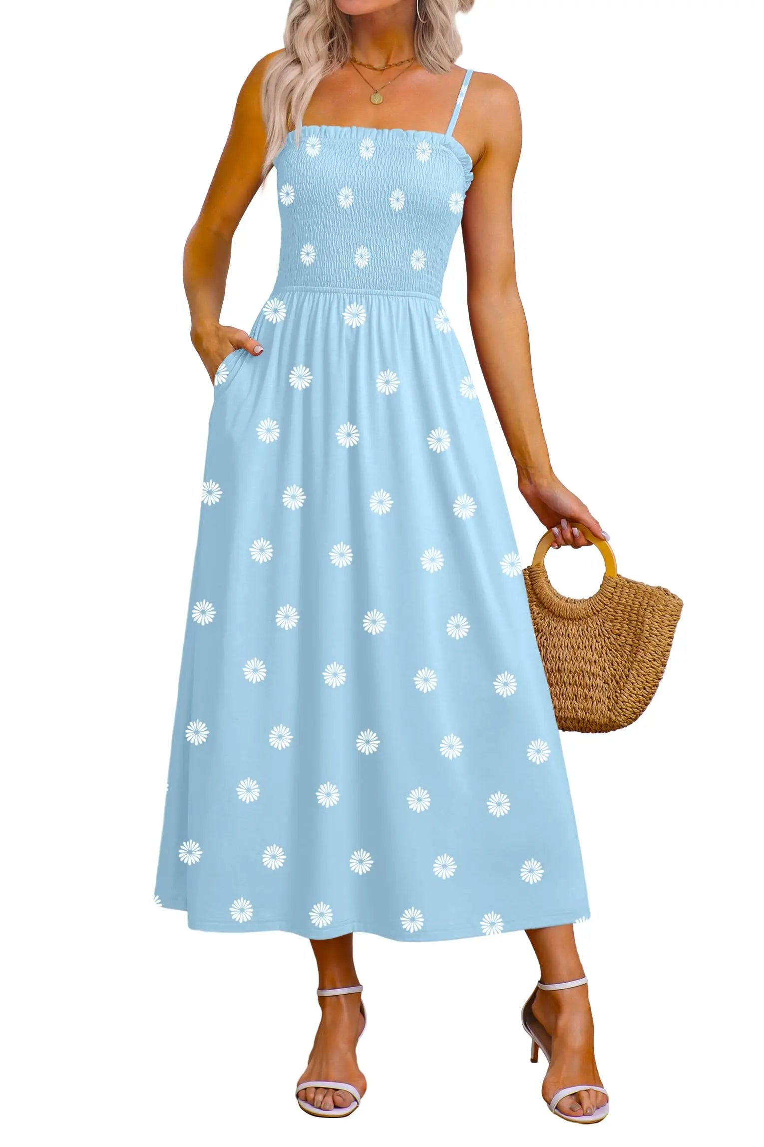 Spaghetti Strap Maxi Dress – Smocked Waist – Polyester Fiber | KIMLUD