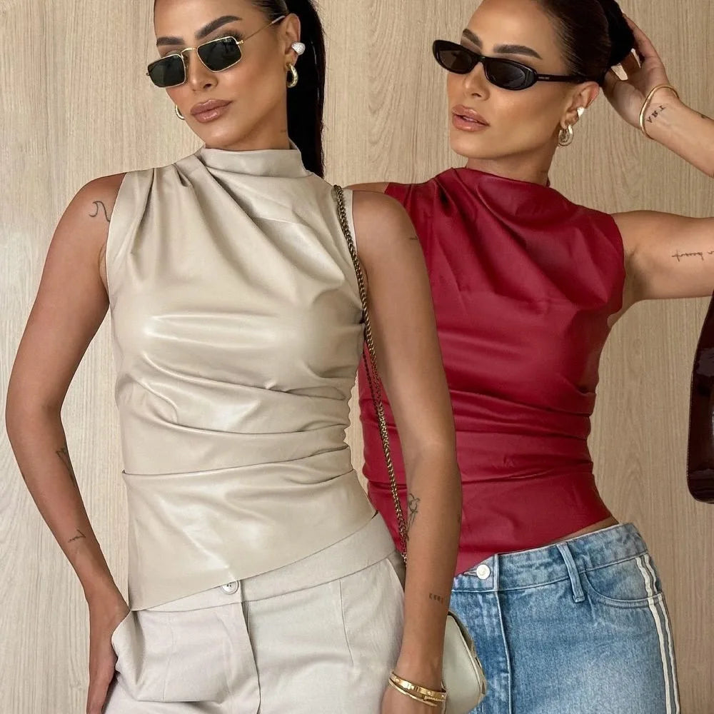 Women Y2K Vintage PU Simple Basic Tank Top High Waist Skinny Shrunk Slash Cut Sleeveless Tops Versatile Noble Shirts