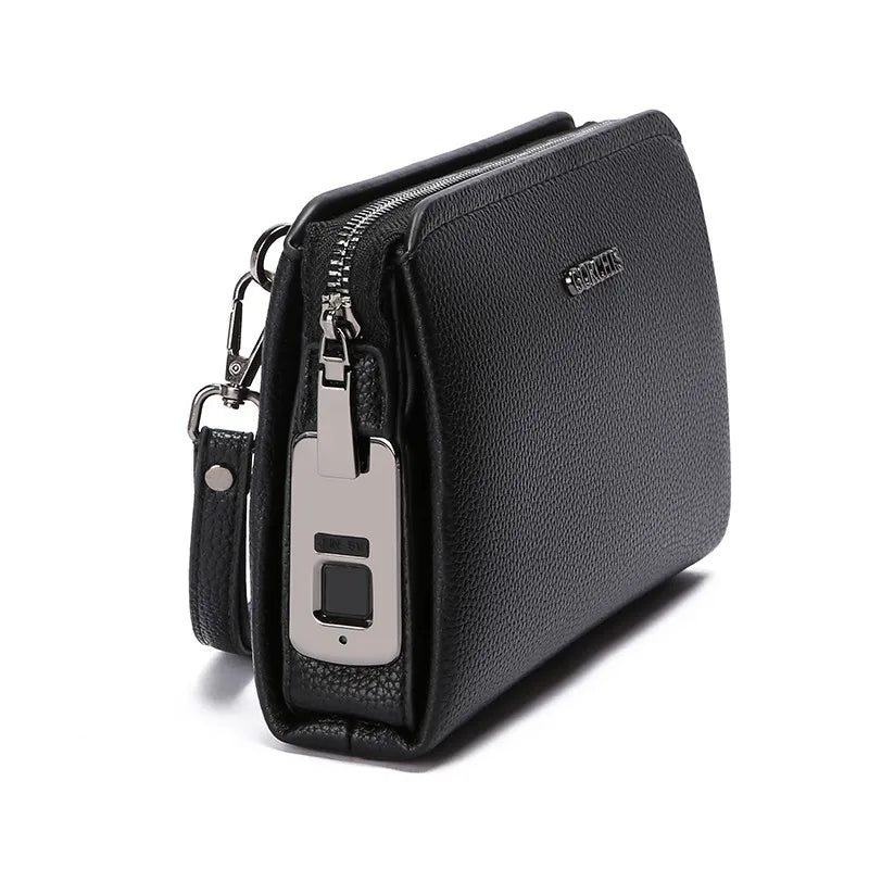 Leather Wallet Clutch Fingerprint Lock — Black | KIMLUD