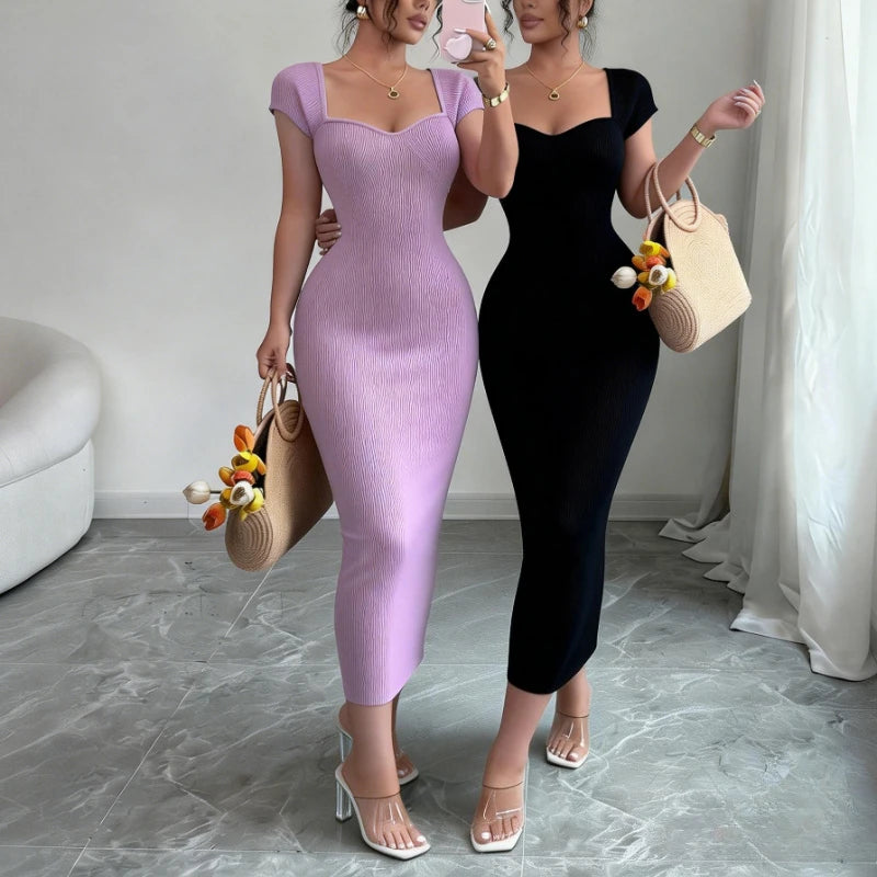Knit Ribbed Bodycon Midi Dress Sleek — Purple | KIMLUD