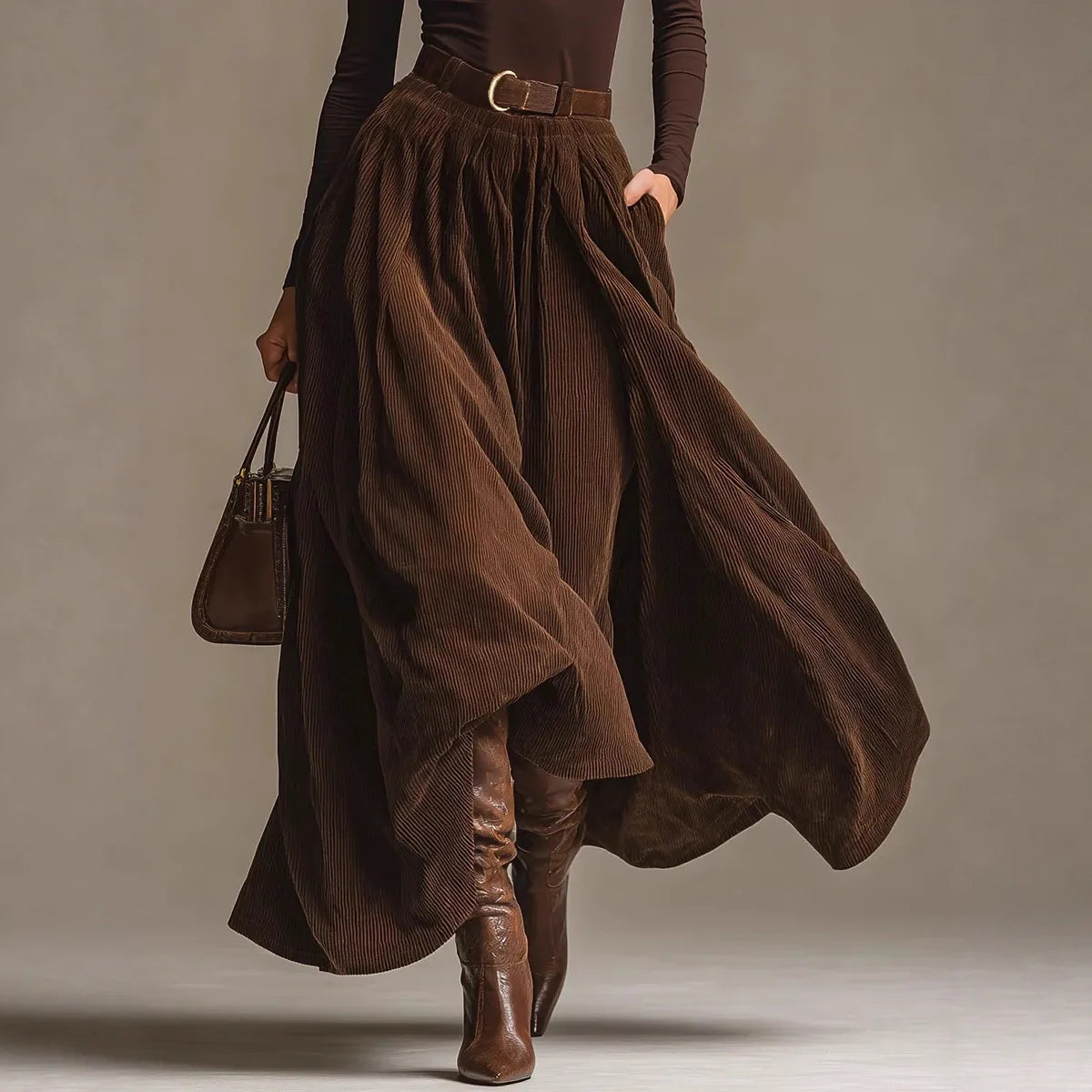 2026 Women's Fashion Retro Corduroy Skirt Spring and Autumn High Waist Flared Umbrella Skirt + Solid Color Base Shirt Top