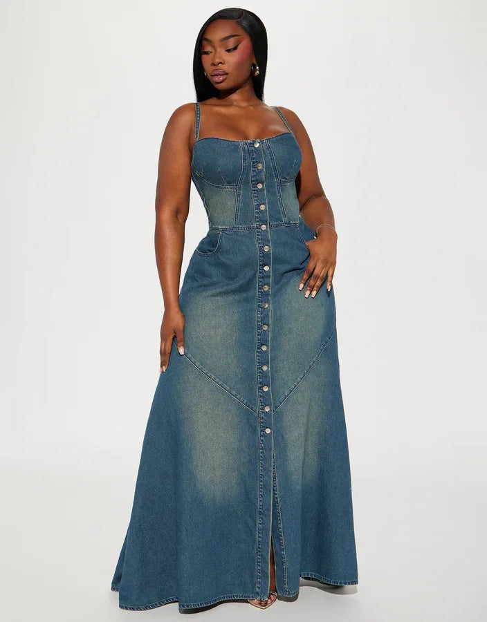 Denim-Inspired Polyester Long Dress Strapless A-Line Silhouette With Sculpted Draping — Blue | KIMLUD