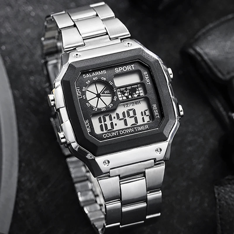 Stainless Steel Digital Watch Military LED Display — Silver | KIMLUD