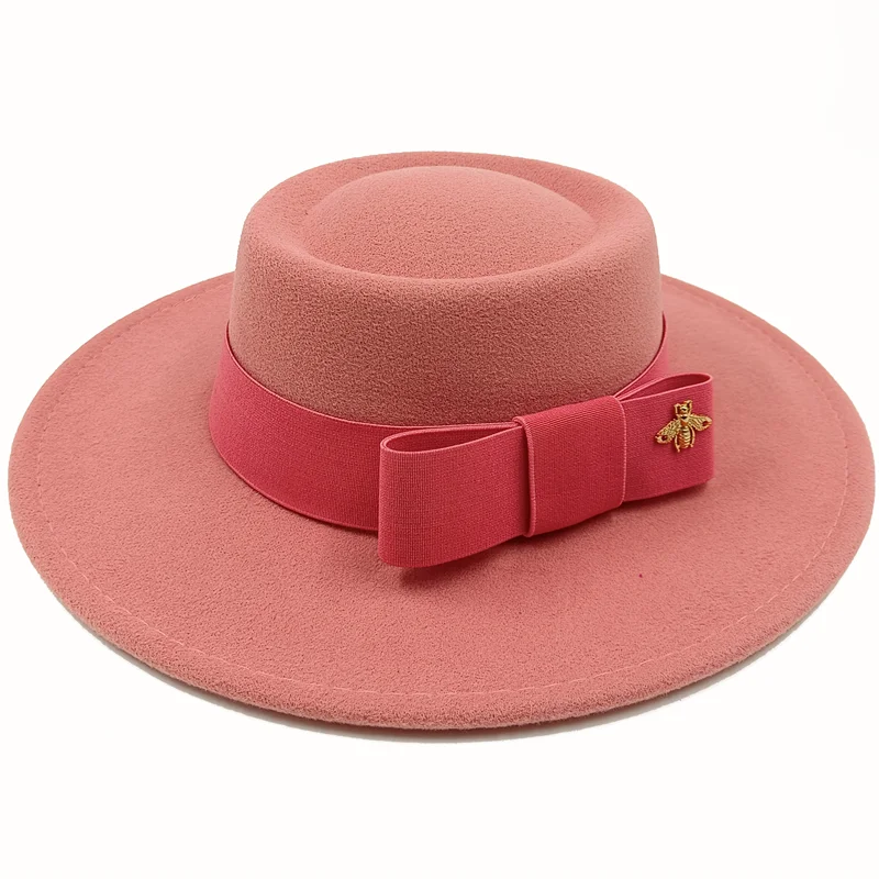 Wholesale Fedora hats Winter round concave convex surface flat top bow elastic ribbon men&#39;s and women&#39;s felt jazz hats Fedora - KIMLUD