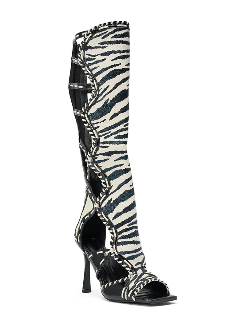Boots – Patchwork Leather Hollow Out – Square Toe – Zipper Thick Heel | KIMLUD