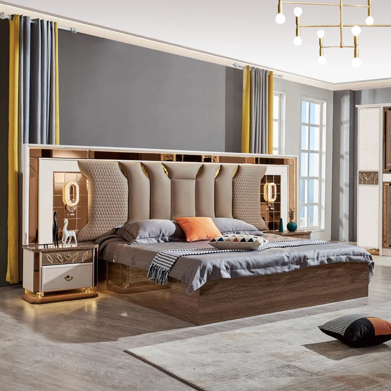 A Classic Royal Queen Wooden Double Leather Bed Room King Size Home Modern Luxury Full Mdf Turkish Bedroom Furniture Set