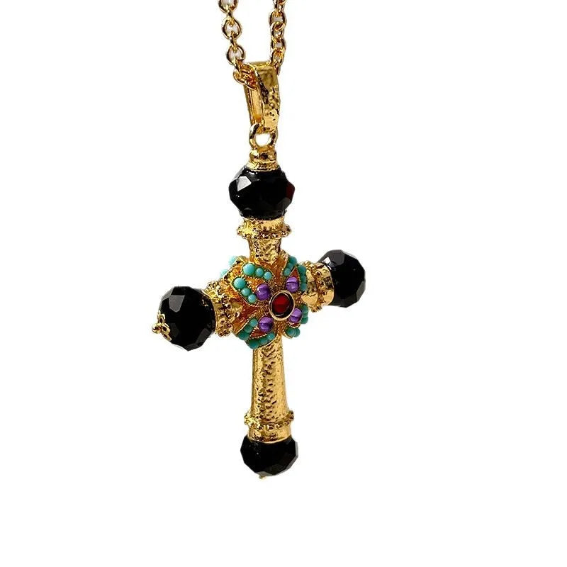 Crystal Cross Sweater Chain Necklace — Turquoise | KIMLUD