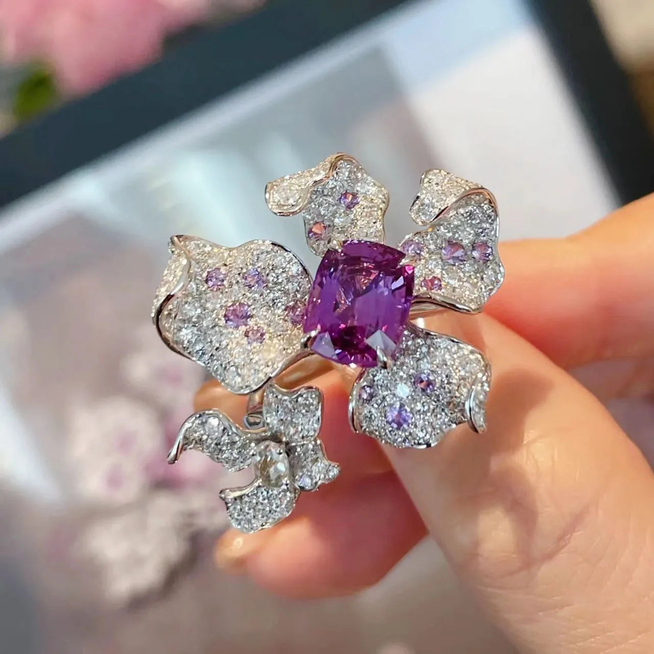 Sterling Silver Ring Amethyst Zircon Flower Open — White | KIMLUD