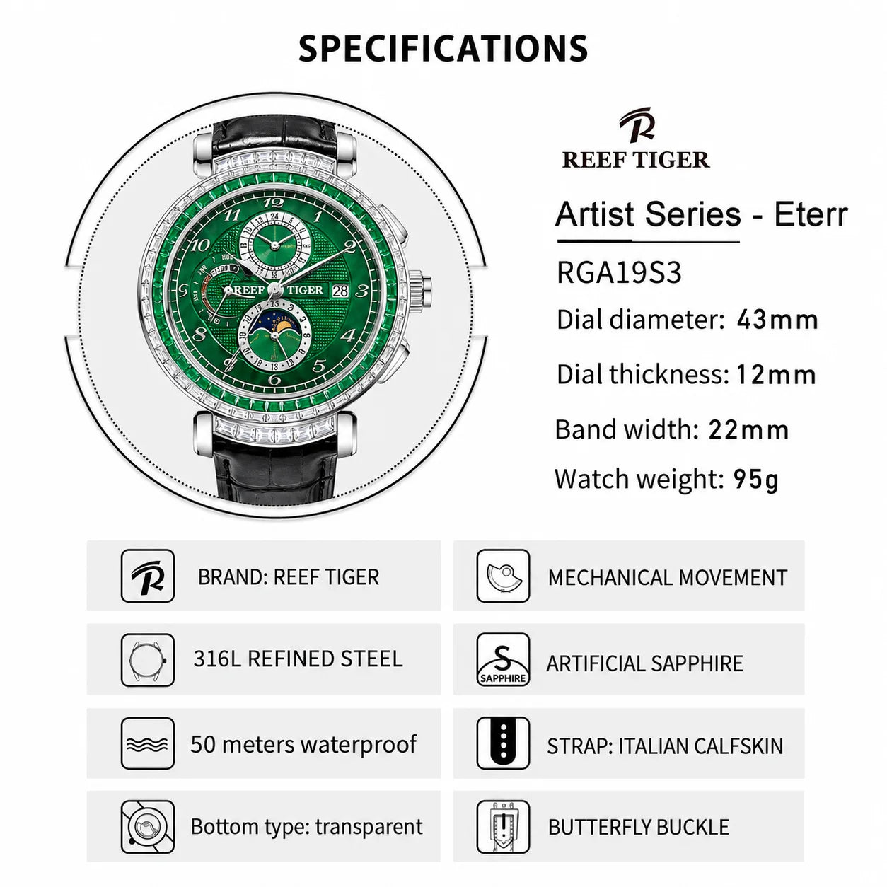 Men's Dress Watch – Moon Phase Date – Leather Strap – Green | KIMLUD