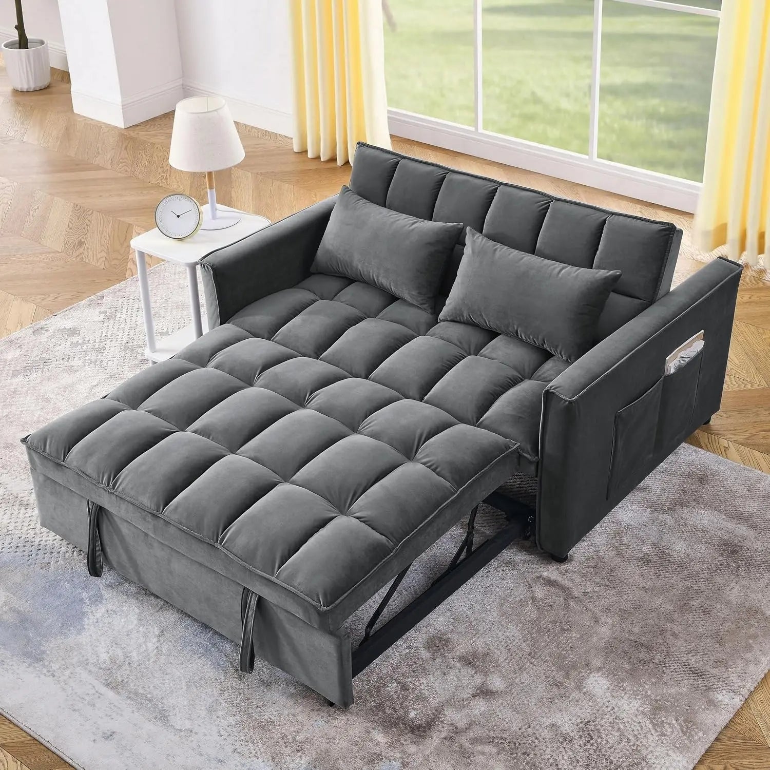 Velvet Sofa Bed 3-in-1 Convertible — Black | KIMLUD