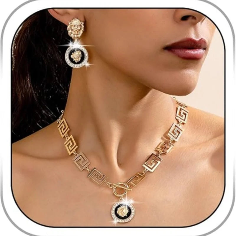 Metal Lion Head Necklace Earrings Set — Gold | KIMLUD