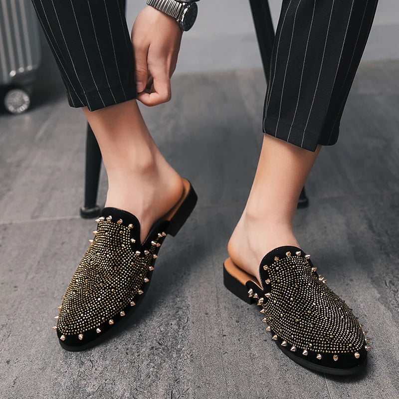 Patent Leather Mules With Gold Rivet Rhinestones And Punk Edge For Nightlife — Black | KIMLUD