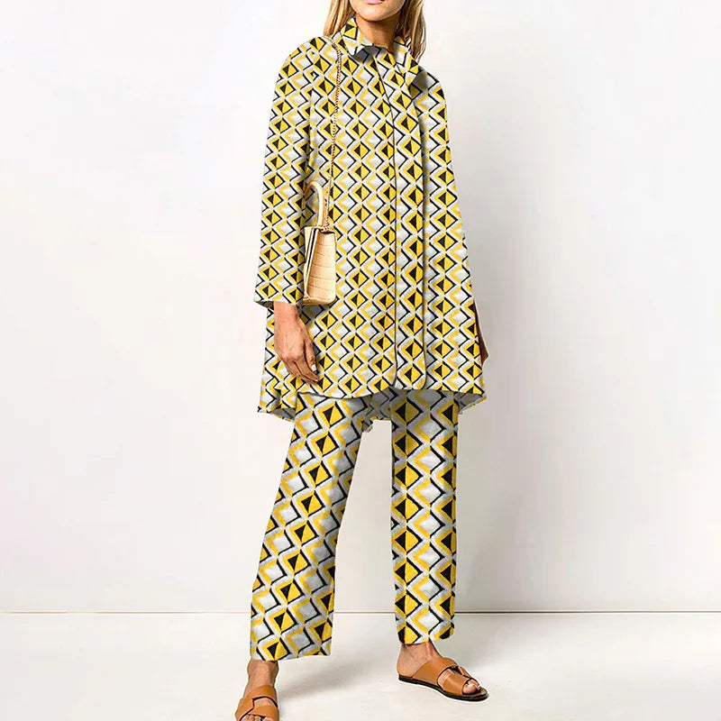 Two-Piece Set – Printed Autumn Vintage – Broadcloth – Wide-Leg Pants | KIMLUD