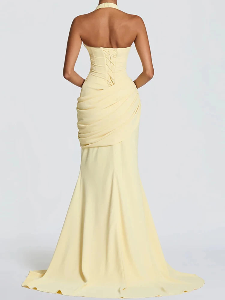 Patchwork Maxi Dress – Halter Backless – Polyester | KIMLUD