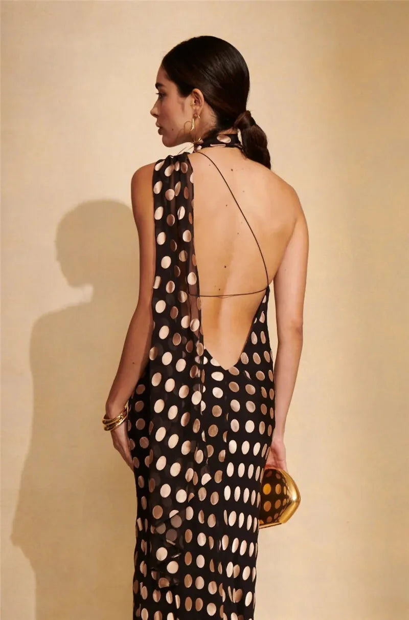 Mozision Round Plaid Printed Maxi Dress For Women Gown Halter Off-shoulder Sleeveless Backless Evening Club Long Dress Elegant