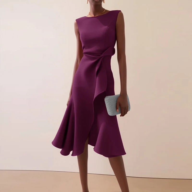 O-Neck A-Line Dress With Knot And Ruffle — Pink | KIMLUD