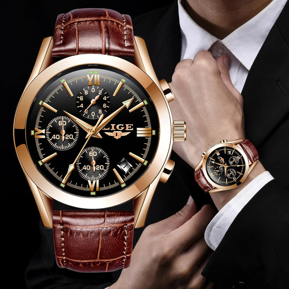 LIGE Fashion Men Watches Top Brand Luxury Military Quartz Watch for Men Business Leather Waterproof Casual Sport Chronograph New