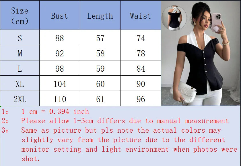 Off-Shoulder Halter-Neck Top Button Front Dramatic Contrast Panel — Black And White | KIMLUD