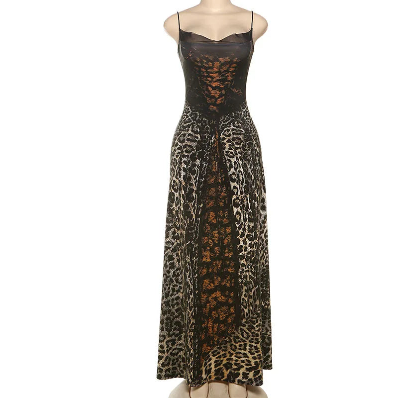 2025 Summer Fashion New Women's Elegant Strap Leopard Pattern Street Style Printed Slimming High Waist Long Dress